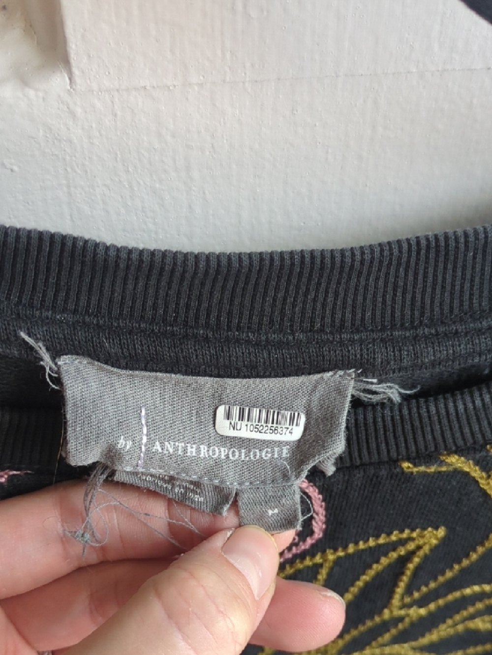 Anthropologie Black Pullover Sweatshirt with Pink & Gold Floral Embroidery - Picture 4 of 7